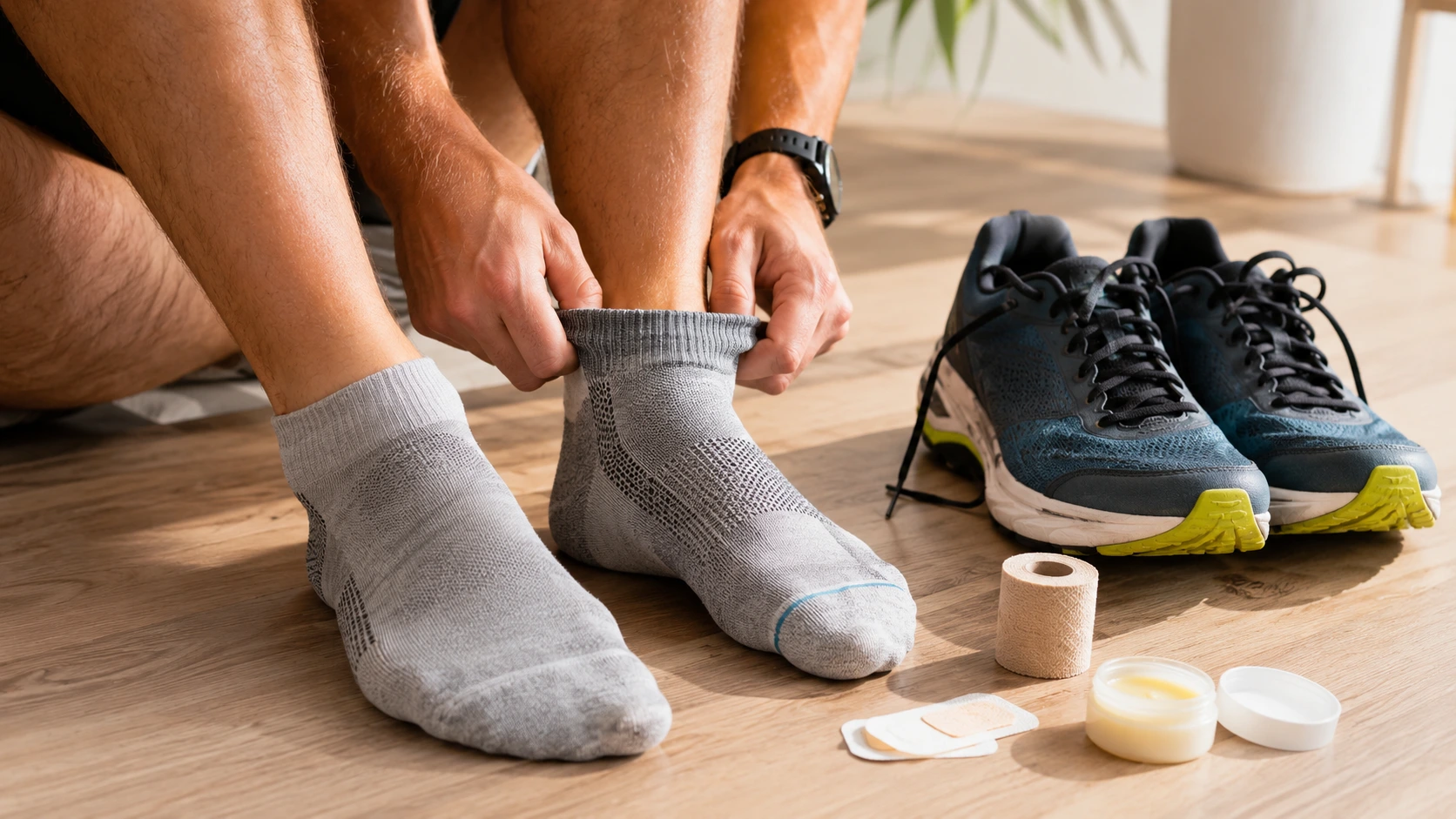 Runner preparing shoes and socks before a long run